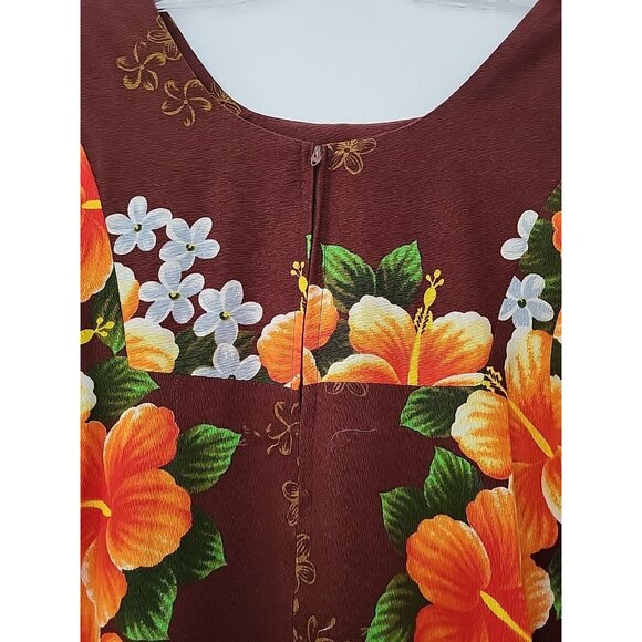 Vintage Ui Maikai Brown Orange Hibiscus Floral Print Hawaiian Maxi Dress 14 Luau - Picture 6 of 9